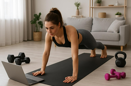 kvinde står i planken, of træner fitness